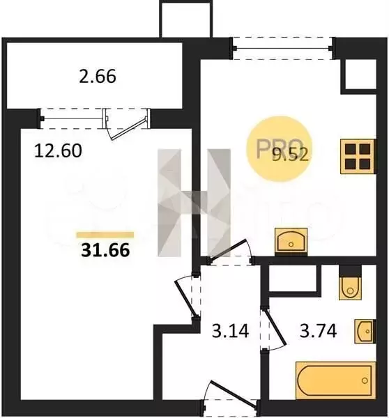 1-к. квартира, 31,7 м, 1/9 эт. - Фото 1