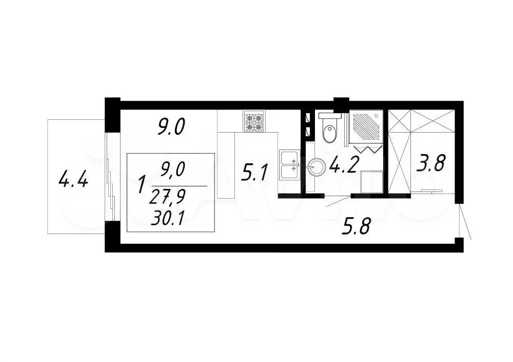 1-к. квартира, 30,1 м, 3/8 эт. - Фото 0