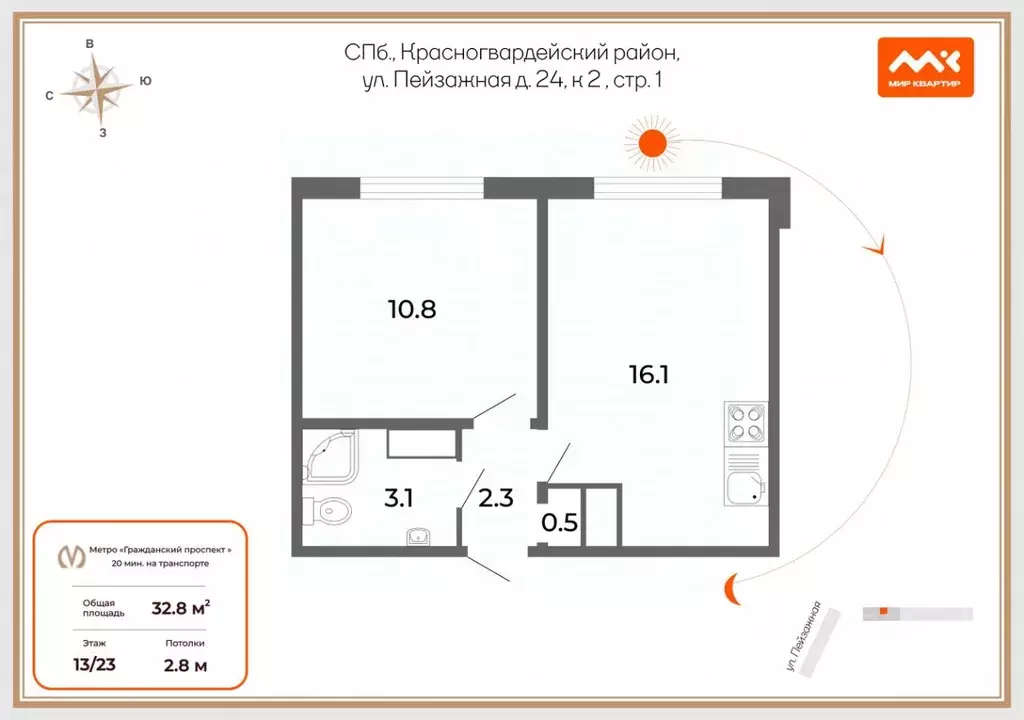 1-к кв. Санкт-Петербург ул. Пейзажная, 24к2 (30.1 м) - Фото 2