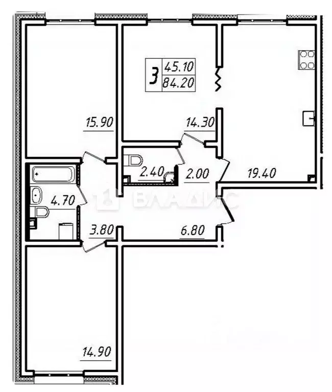 3-к кв. Санкт-Петербург ул. Архивная, 11к3 (84.2 м) - Фото 1