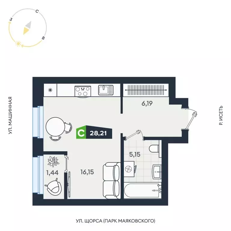 Квартира-студия: Екатеринбург, Машинная улица, 1В/4 (28.21 м) - Фото 1