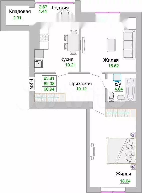 2-к. квартира, 62,4 м, 3/9 эт. - Фото 0