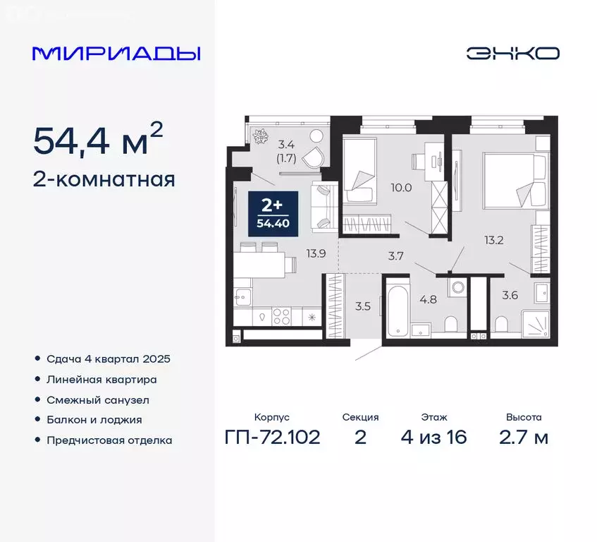 2-комнатная квартира: Тюмень, Ленинский округ (54.4 м) - Фото 0