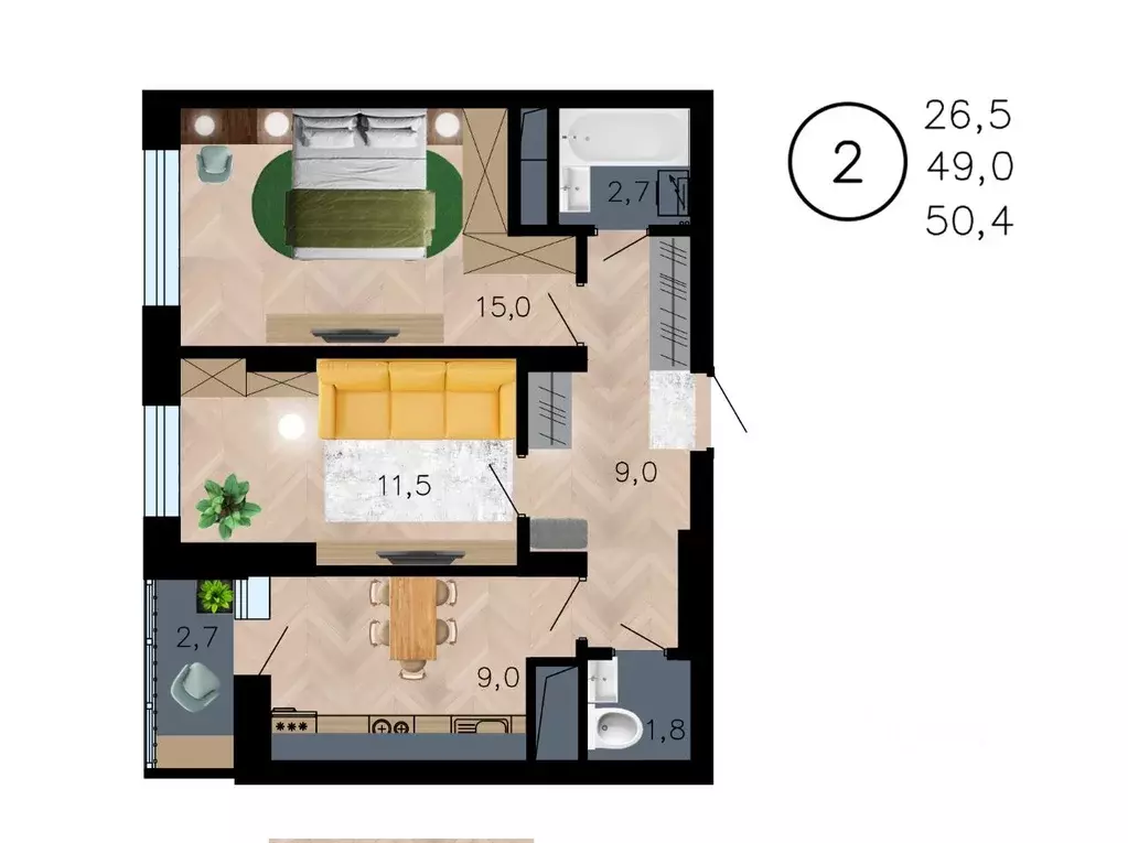 2-к кв. Воронежская область, Воронеж ул. Рокоссовского, 47 (50.4 м) - Фото 1