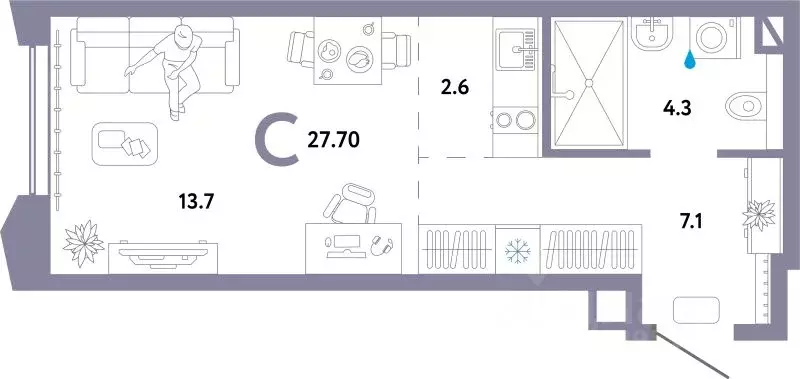 Студия Москва ул. Малая Очаковская, 1к2 (27.7 м) - Фото 1
