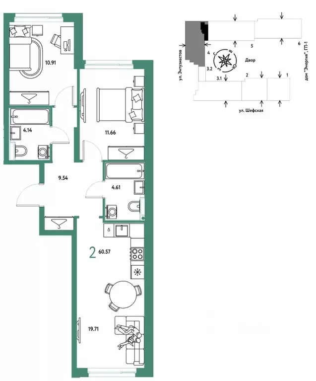 2-к кв. Свердловская область, Екатеринбург ул. Шефская, 28А (60.57 м) - Фото 1