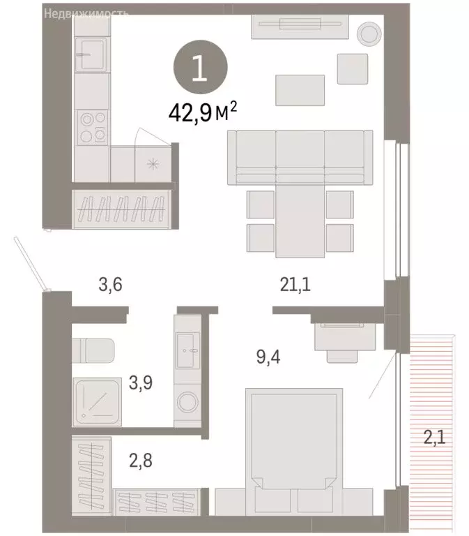 1-комнатная квартира: Новосибирск, квартал Лебедевский (42.9 м) - Фото 1
