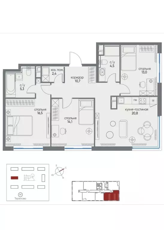 3-к кв. Москва Жилой комплекс остров, 5-й кв-л, 2 (87.2 м) - Фото 2