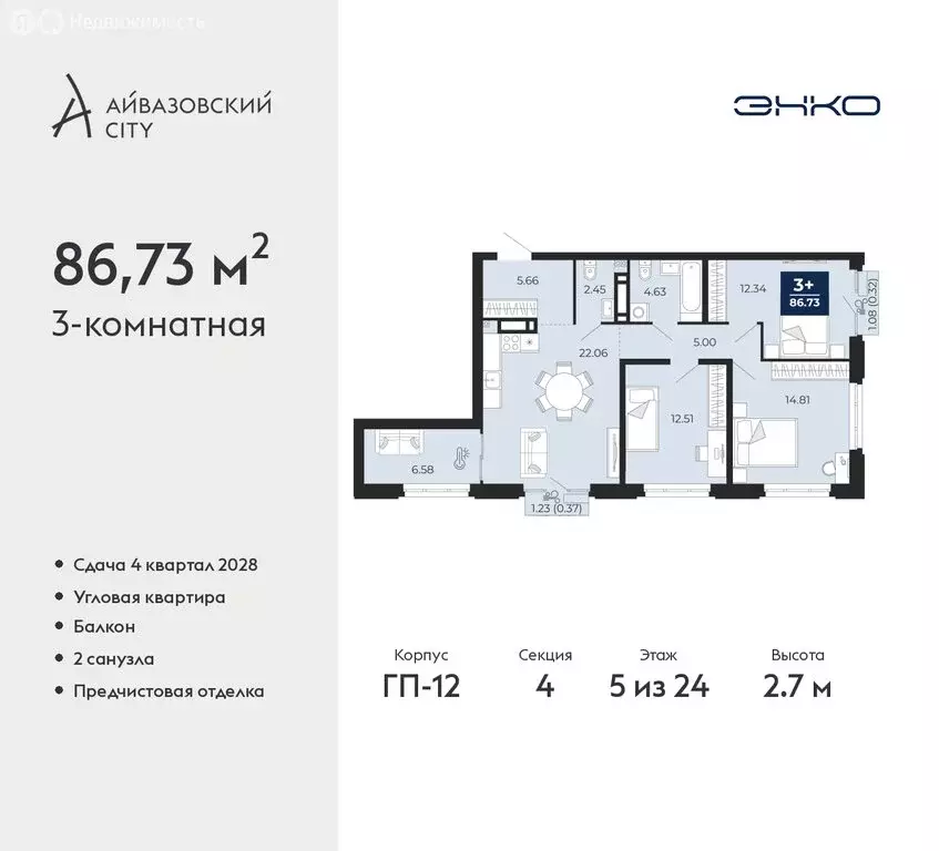 3-комнатная квартира: Тюмень, ЖК Айвазовский Сити (86.73 м) - Фото 1