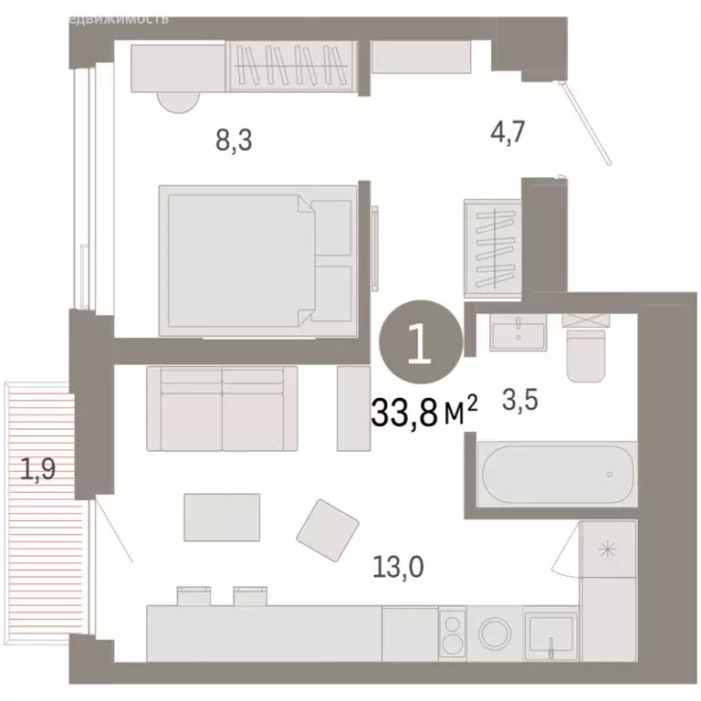 1-комнатная квартира: Тюмень, жилой комплекс Зарека (33.78 м) - Фото 1
