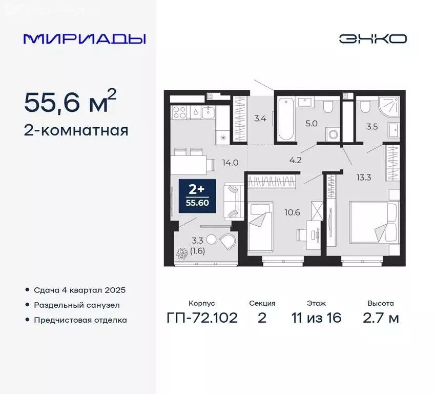 2-комнатная квартира: Тюмень, жилой комплекс Мириады (55.6 м) - Фото 0