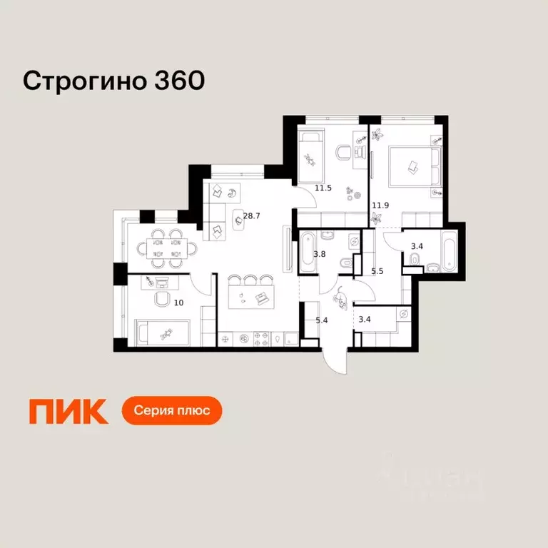 3-к кв. Москва Строгино 360 жилой комплекс, 1.2 (83.6 м) - Фото 1