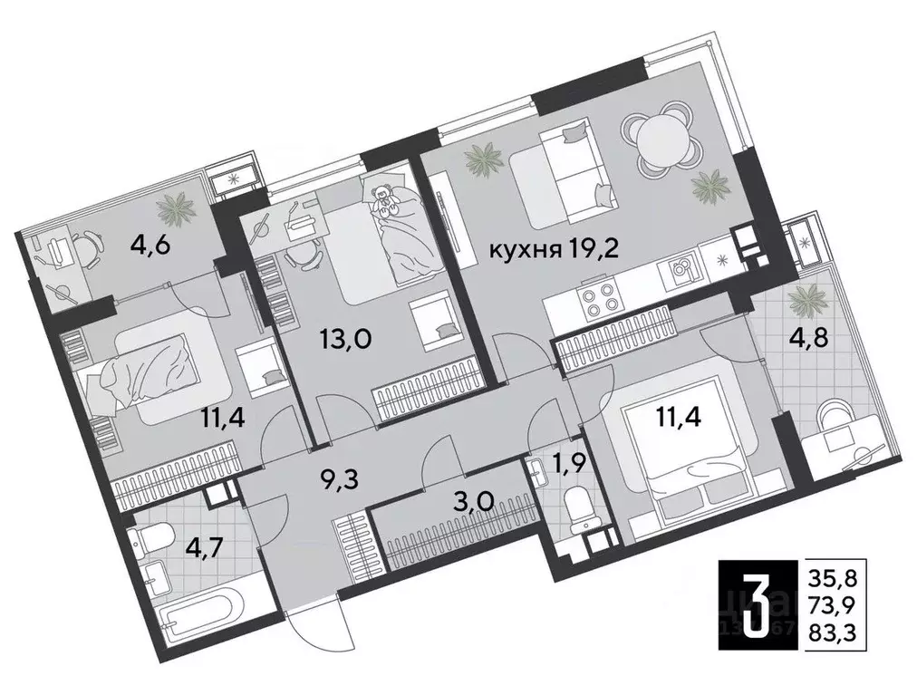 3-к кв. Краснодарский край, Краснодар Парк Победы мкр,  (83.3 м) - Фото 1
