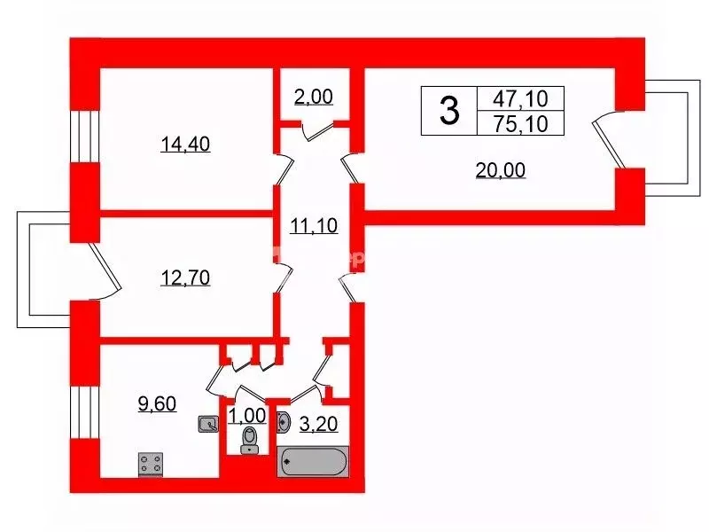 3-к кв. Санкт-Петербург Гаванская ул., 34 (75.1 м) - Фото 1