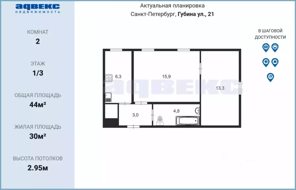 2-к кв. Санкт-Петербург ул. Губина, 21 (44.0 м) - Фото 1