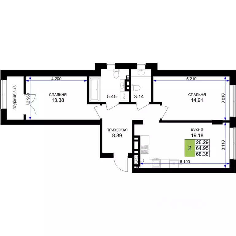 2-к кв. Калининградская область, Гурьевск Включи жилой комплекс (68.38 ... - Фото 1