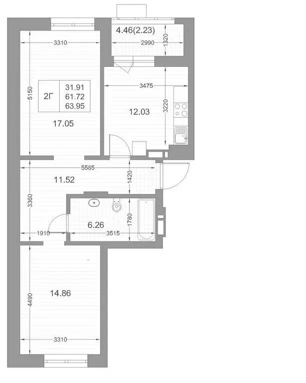 2-комнатная квартира: Казань, улица Петра Полушкина, 5/1 (63.6 м) - Фото 1