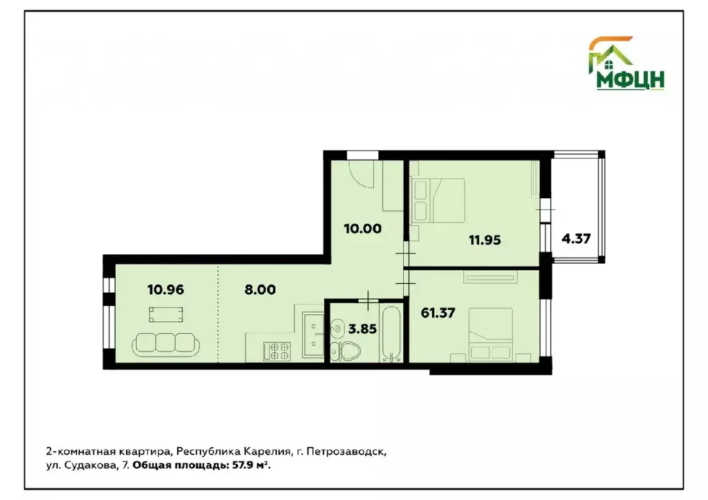 3-к кв. Карелия, Петрозаводск ул. Генерала Судакова, 7 (61.3 м) - Фото 1