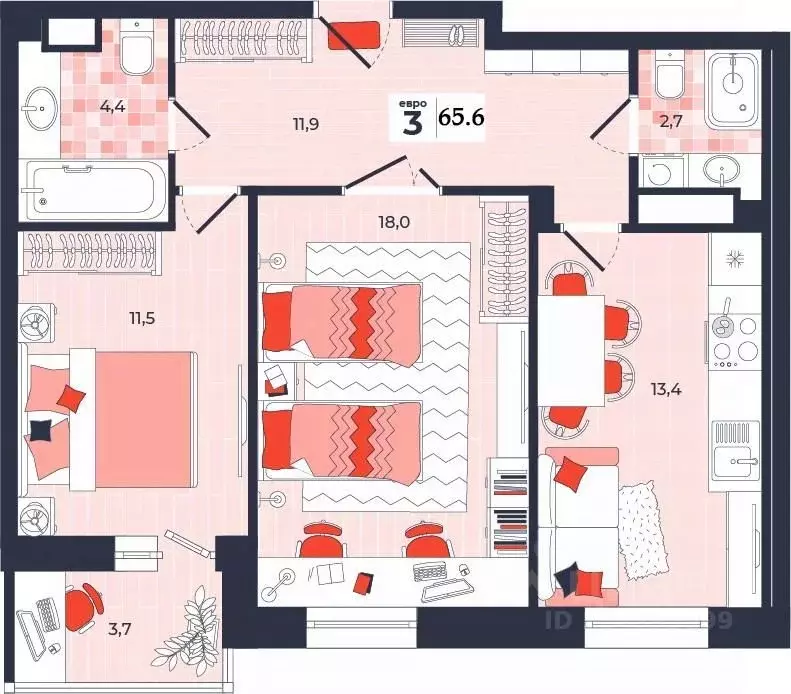 3-к кв. Тульская область, Тула ул. Академика Насоновой, 1А (65.6 м) - Фото 1