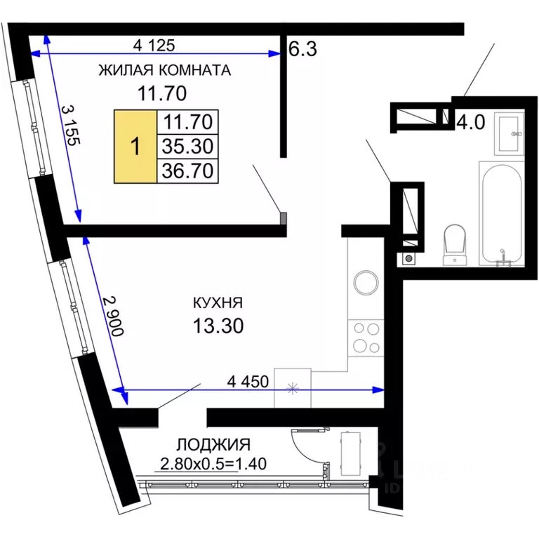 1-к кв. Краснодарский край, Краснодар Фонтаны жилой комплекс (36.7 м) - Фото 1