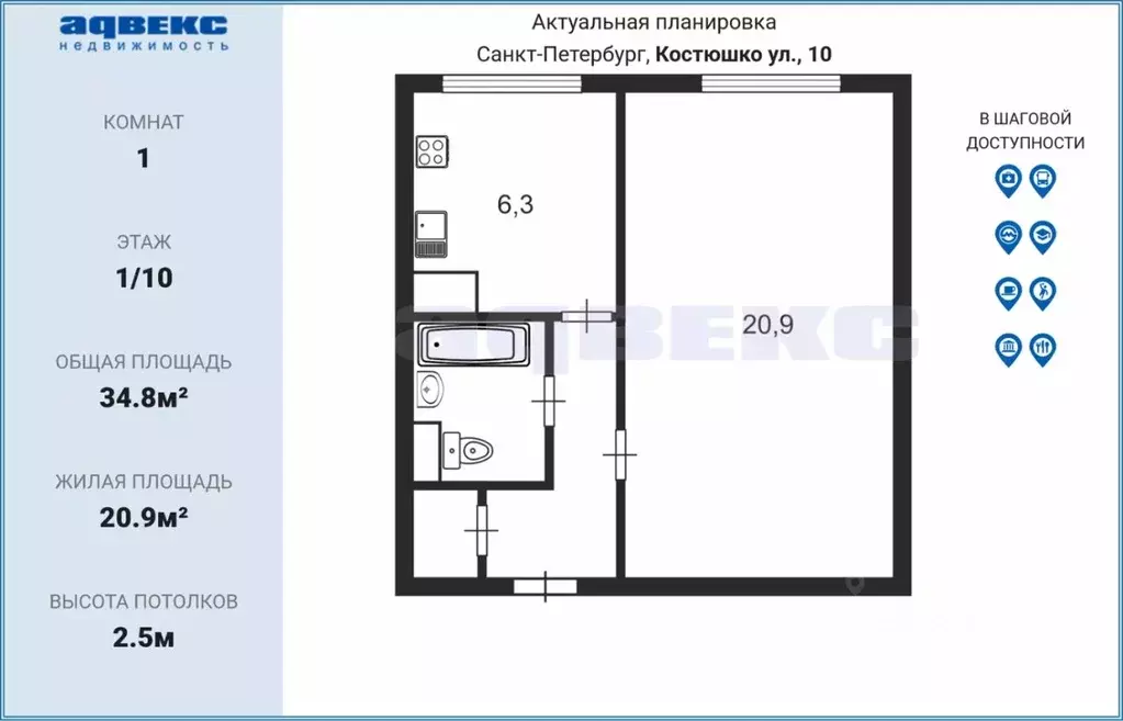 1-к кв. Санкт-Петербург ул. Костюшко, 10 (34.8 м) - Фото 1