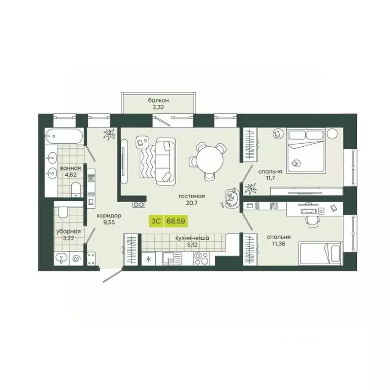 3-к кв. Новосибирская область, Новосибирск Гринвилл жилой комплекс ... - Фото 1