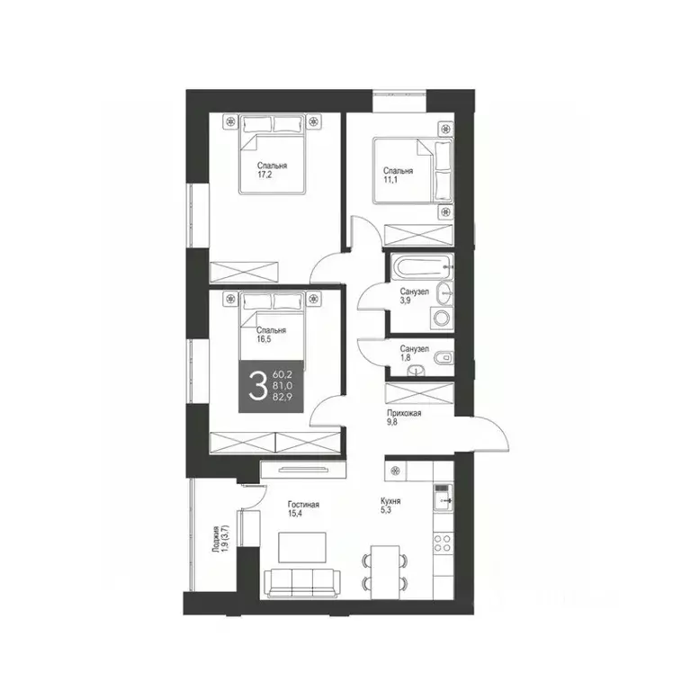 3-к кв. Татарстан, Альметьевск ул. Гафиатуллина, 62 (82.9 м) - Фото 0