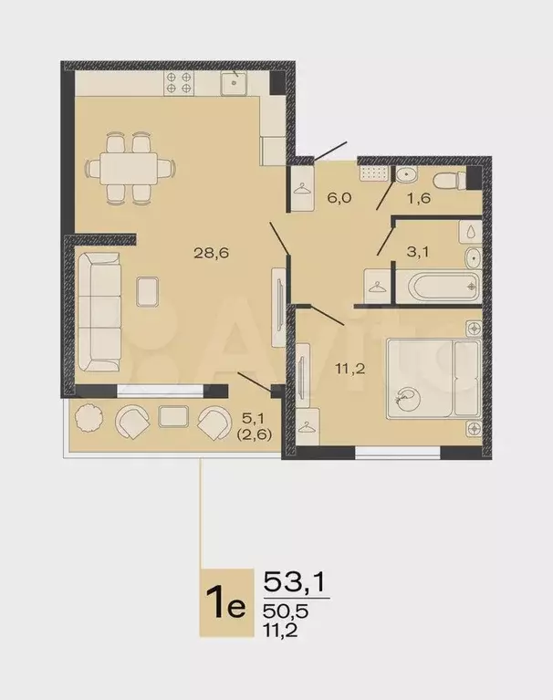 1-к. квартира, 53,1 м, 3/4 эт. - Фото 0