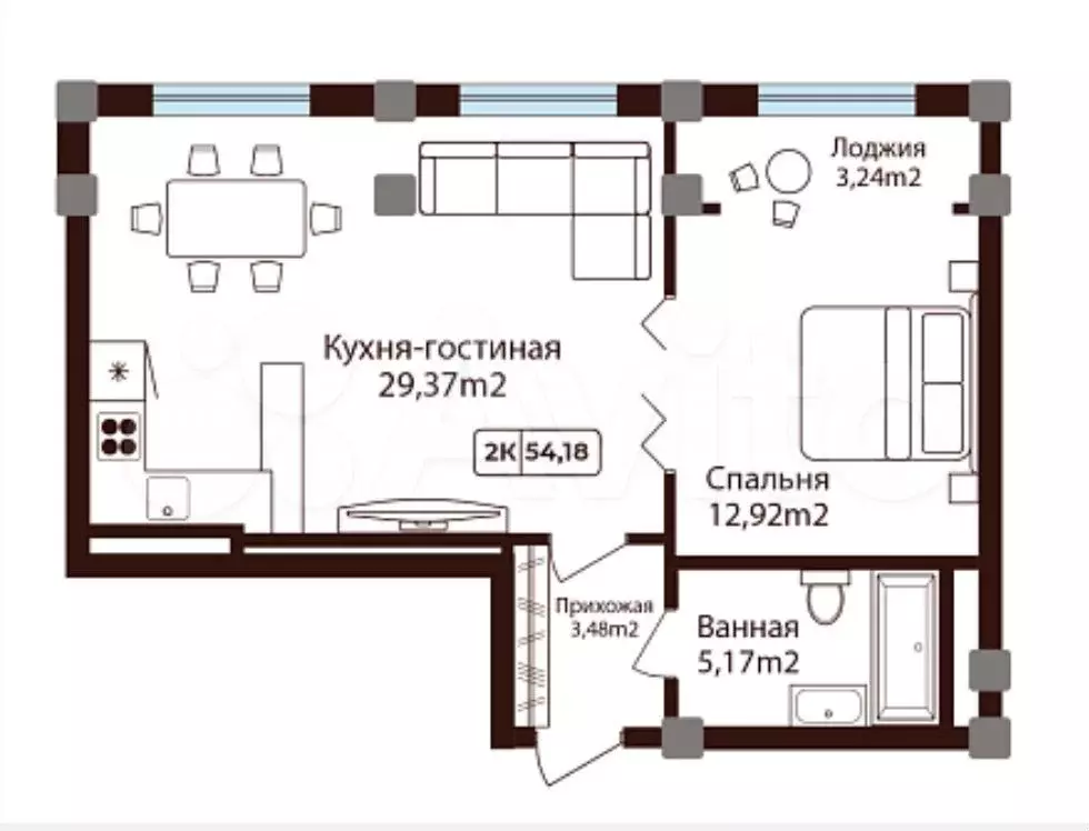 2-к. квартира, 54,2 м, 6/13 эт. - Фото 0