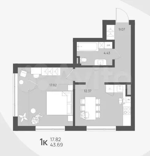 1-к. квартира, 43,7 м, 1/4 эт. - Фото 1