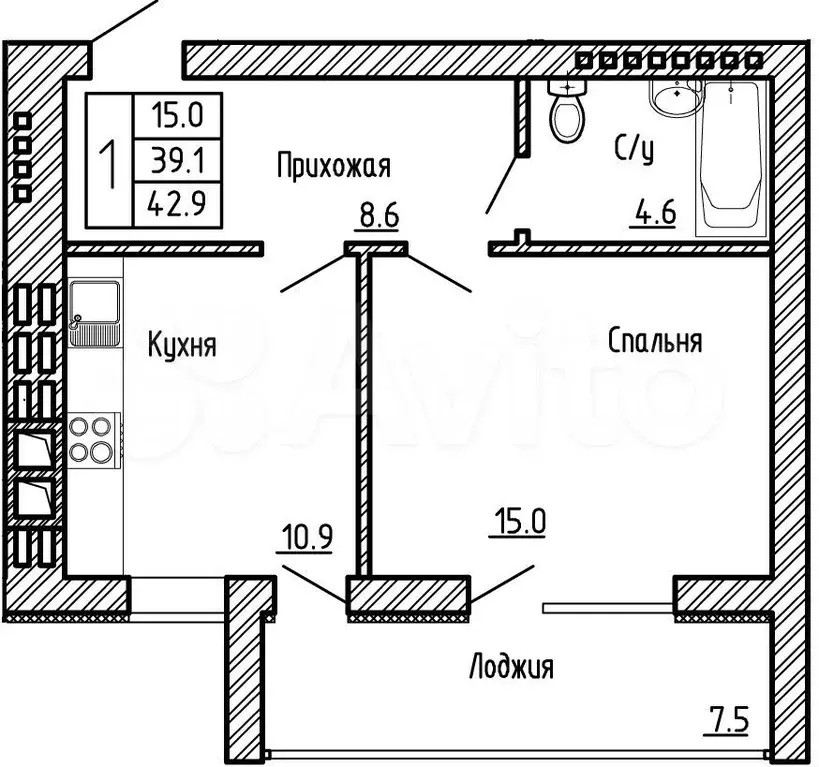 1-к. квартира, 42,9 м, 3/4 эт. - Фото 0