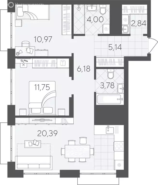 2-комнатная квартира: Тюмень, Краснооктябрьская улица, 4Ак1 (65.05 м) - Фото 1