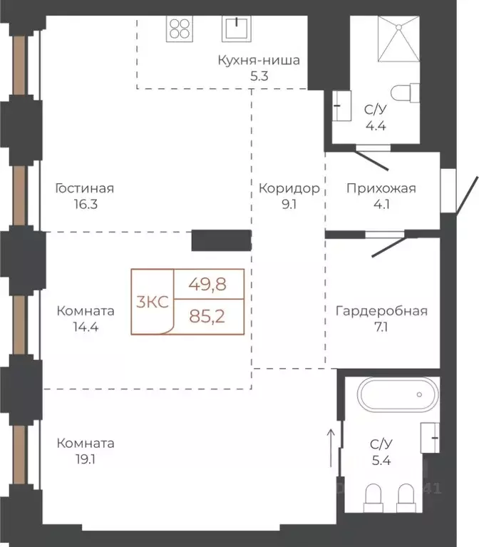 3-к кв. Алтайский край, Барнаул пл. Баварина, 8к2 (84.9 м) - Фото 1