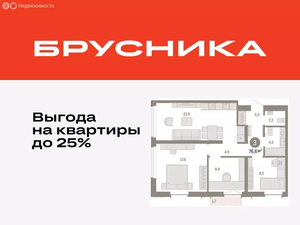 3-комнатная квартира: Тюмень, жилой комплекс Республики 205 (76.62 м) - Фото 0
