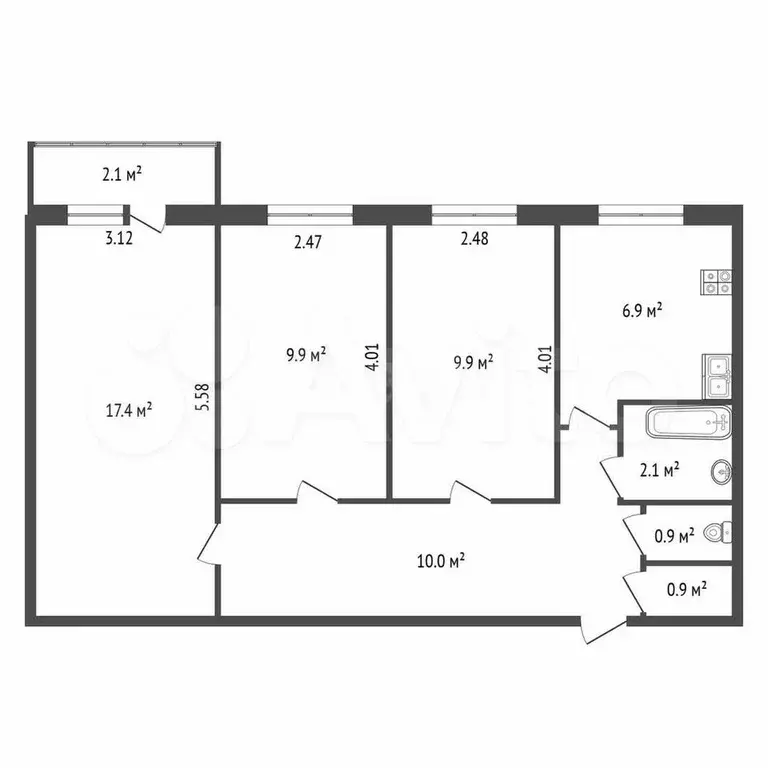 3-к. квартира, 58 м, 7/9 эт. - Фото 0