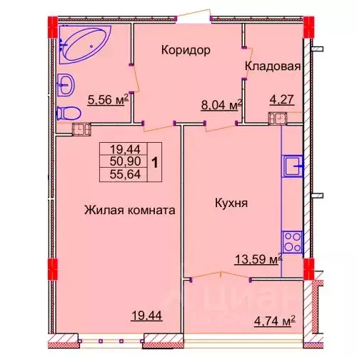 1-к кв. Ивановская область, Иваново Лежневская ул., 98 (55.64 м) - Фото 0