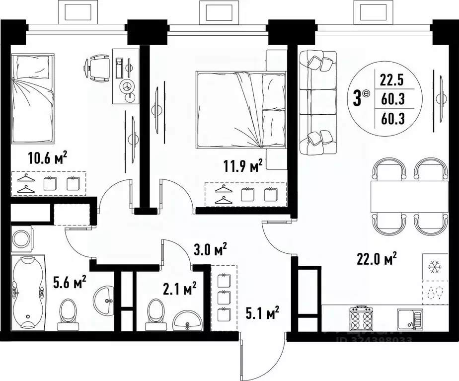 3-к кв. Астраханская область, Астрахань ул. Бэра, 29 (60.3 м) - Фото 2