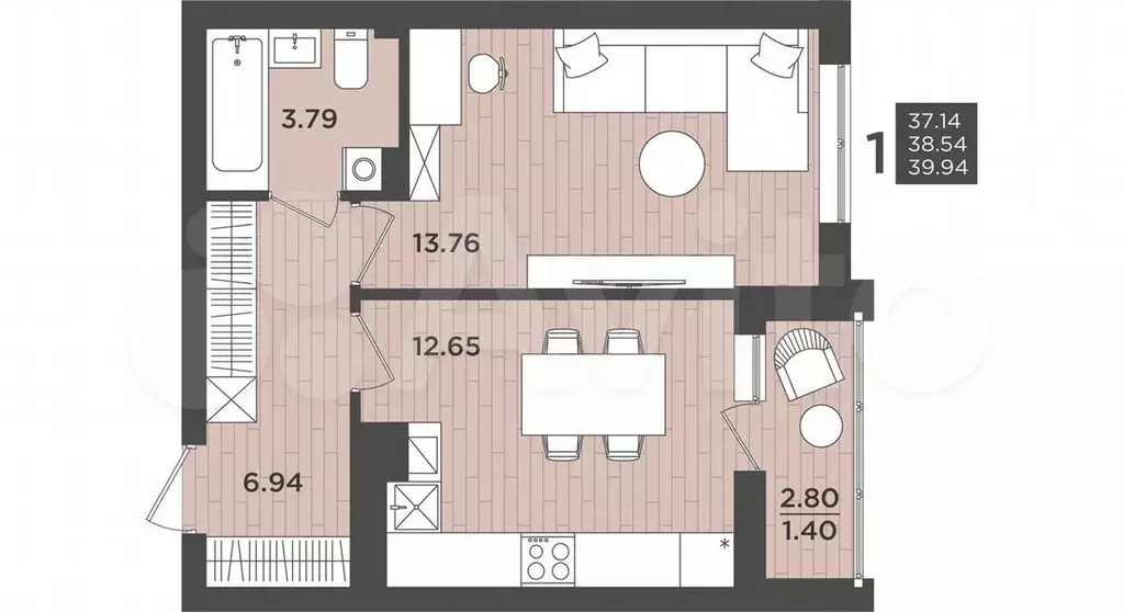 1-к. квартира, 39,9 м, 8/9 эт. - Фото 1