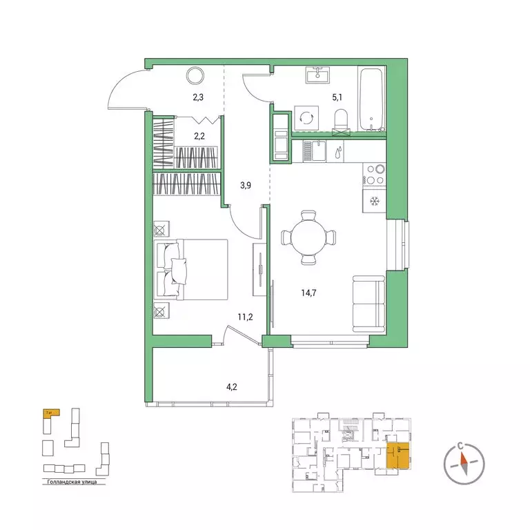1-комнатная квартира: городской посёлок Янино-1, ЖК Янинский Лес (40.7 ... - Фото 1
