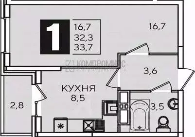 1-к кв. Краснодарский край, Краснодар ул. Западный обход (33.7 м) - Фото 1