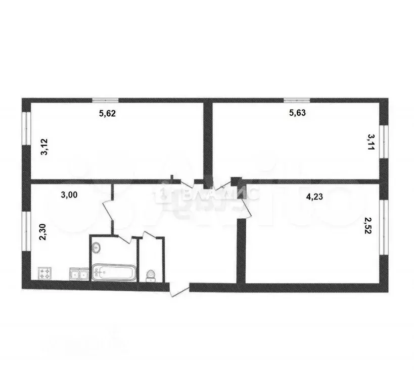3-к. квартира, 62,4 м, 1/5 эт. - Фото 0