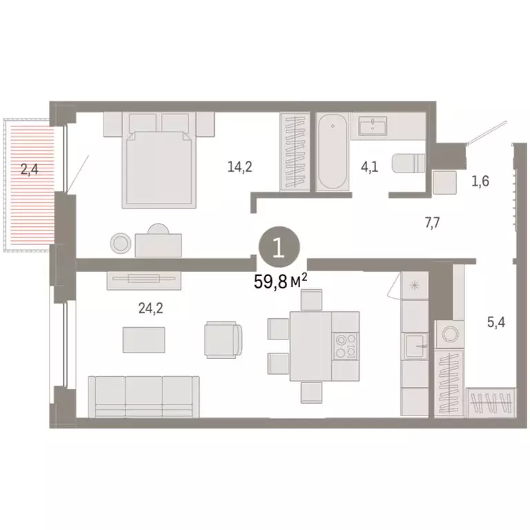 1-комнатная квартира: Тюмень, Мысовская улица, 26к2 (59.75 м) - Фото 1