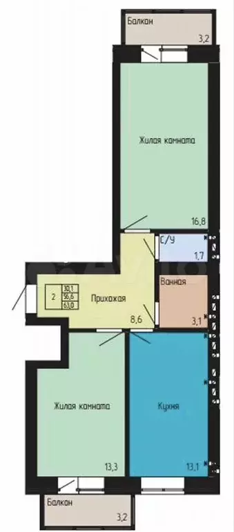 2-к. квартира, 63 м, 2/4 эт. - Фото 1