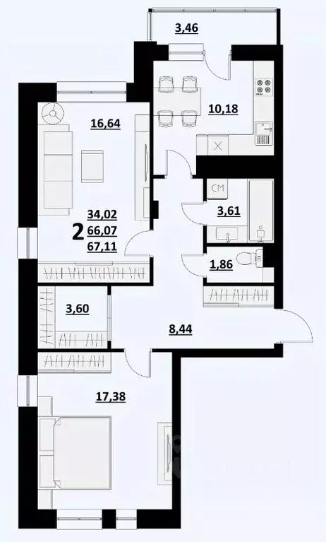 2-к кв. Белгородская область, Белгород ул. Квасова (67.11 м) - Фото 0