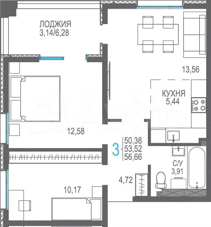 3-к. квартира, 53,5 м, 4/9 эт. - Фото 0