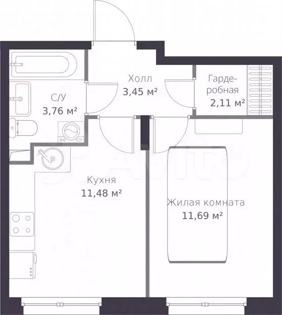 1-к. квартира, 32,5 м, 1/11 эт. - Фото 1