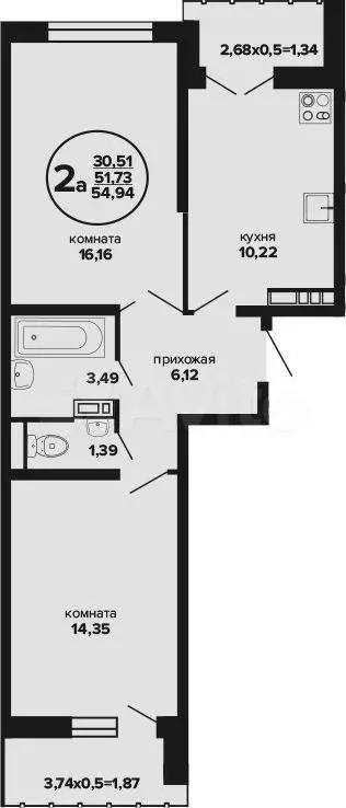 2-к. квартира, 51,7 м, 21/24 эт. - Фото 0