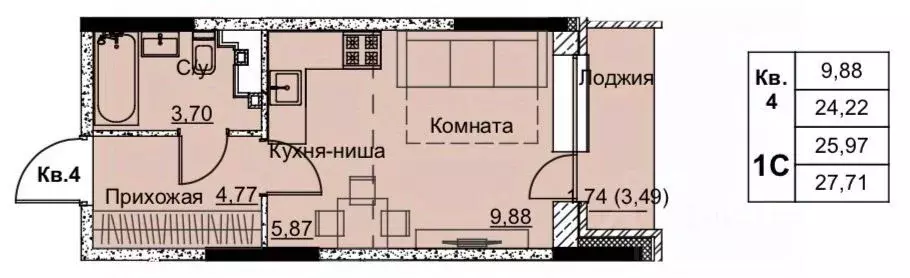 1-к кв. Удмуртия, Ижевск Строитель жилрайон, 6-й мкр,  (25.97 м) - Фото 0