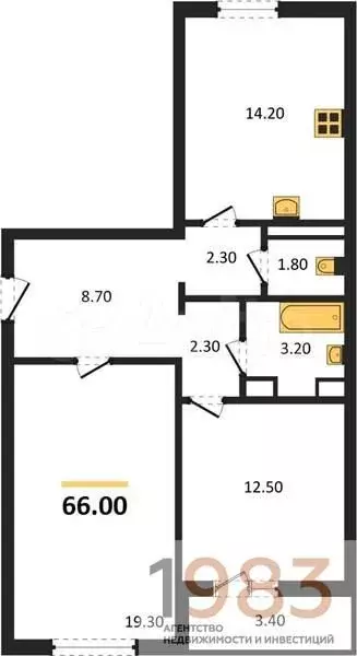 2-к. квартира, 66 м, 7/7 эт. - Фото 0