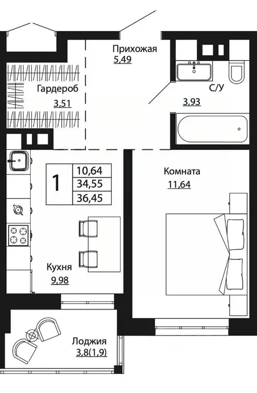 1-к кв. Ростовская область, Ростов-на-Дону ул. Текучева, 370/2 (35.98 ... - Фото 0